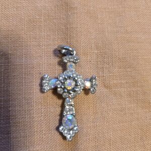 Elegant Iridesent Silver Cross Pendant, Crystal Accents. No Chain.